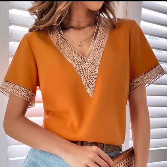 03 Bohemian V neck Lace Solid Minimalist Blouse - Picture 4 of 6